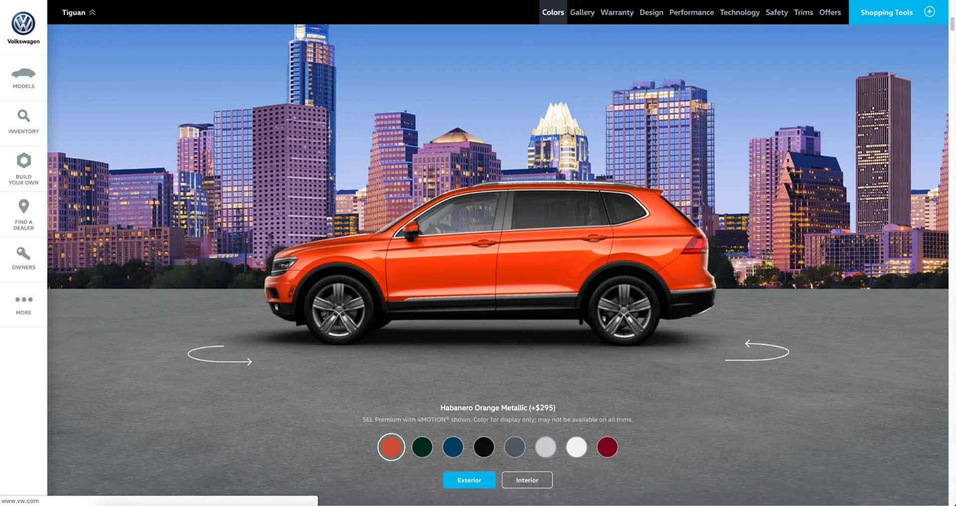 Volkswagen vehicle selector live website interface