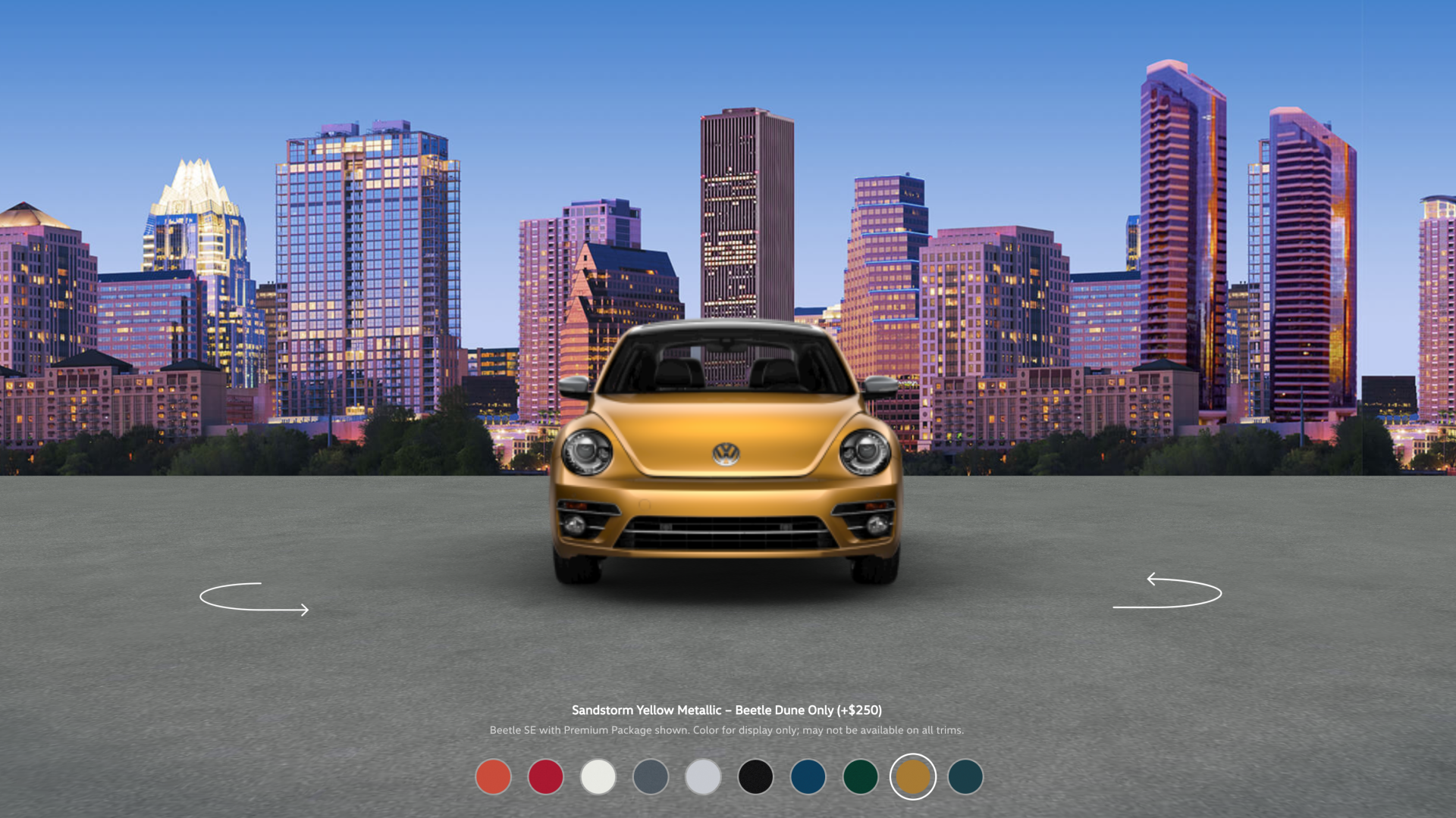 Volkswagen vehicle selector - gold Beetle Dune city environment