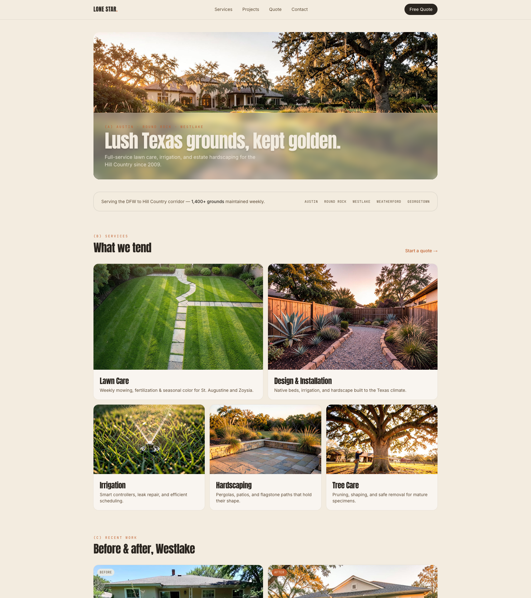 Homepage direction for a landscaping company