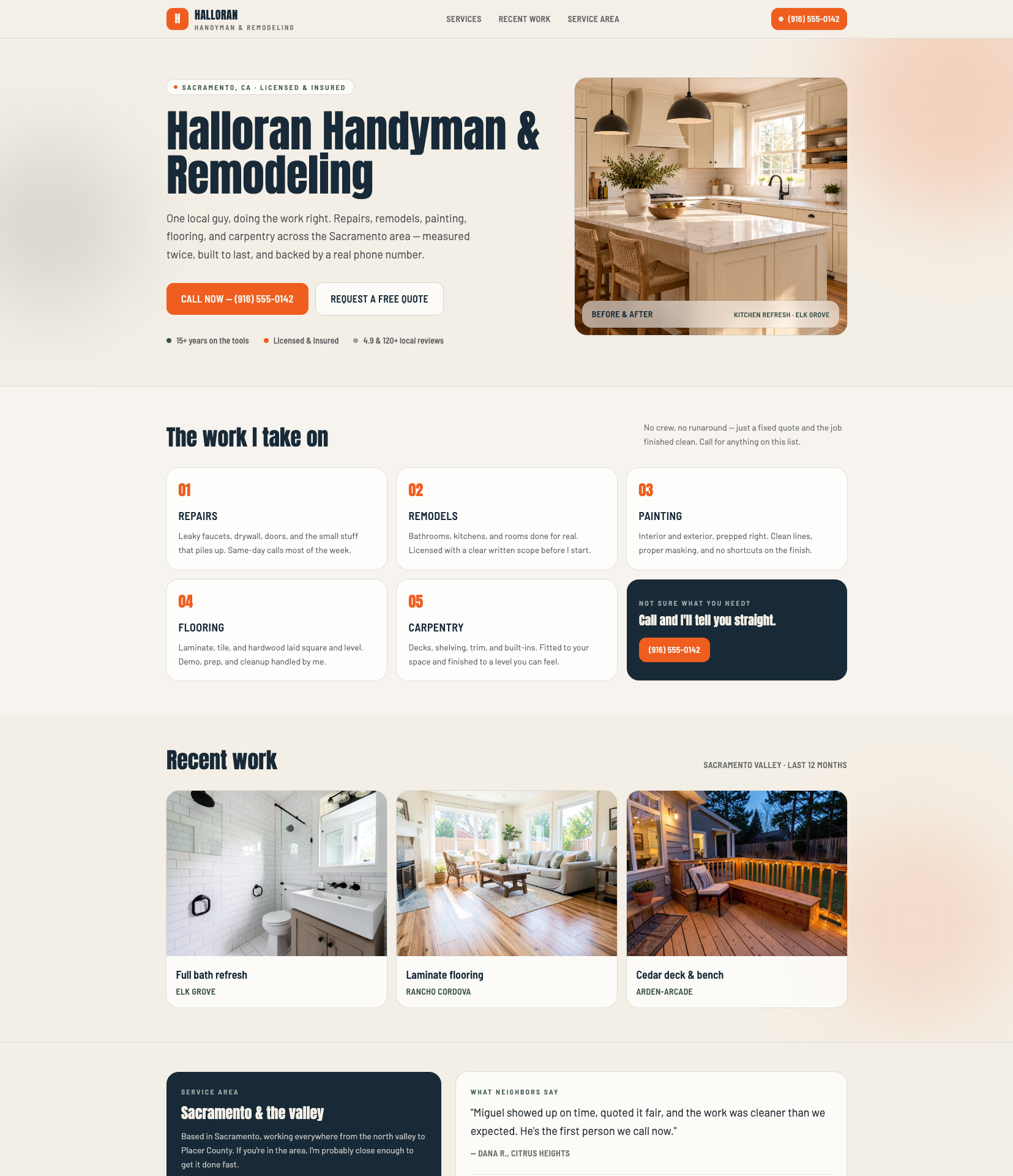 Homepage direction for a handyman and remodeling company